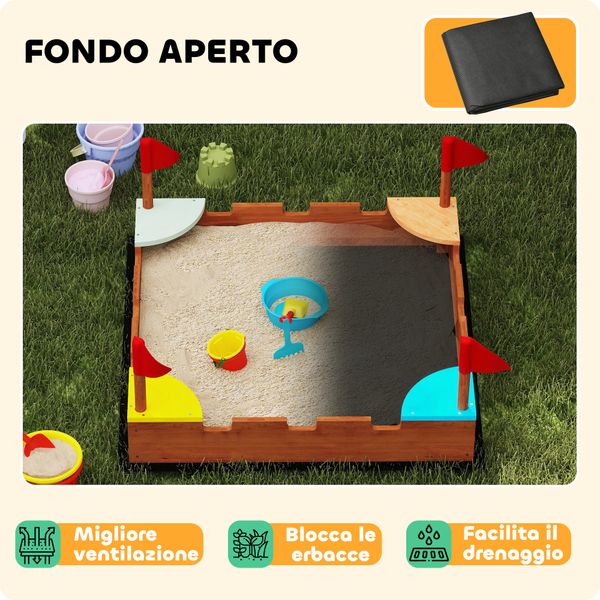 Sabbiera per bambini 3-7 anni a forma di castello con 4 sedute in legno di abete, 90x90x17 cm, multicolore - 