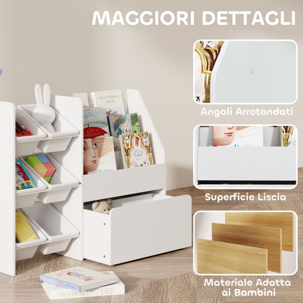 Scaffale portagiochi con 6 cesti, 3 ripiani e box inferiore, in legno, plastica e acciaio, 100x30x80 cm, bianco - 