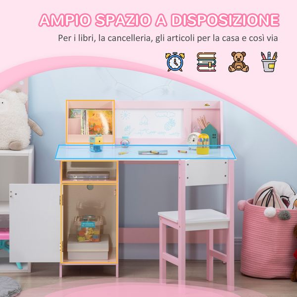 Set tavolo e sedie per bambini 5+ anni in legno con banco scuola e sedia bianco e rosa - 