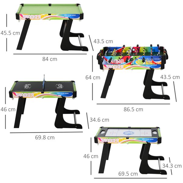 Tavolo da gioco 4 in 1 pieghevole per calcio-balilla, biliardo, air hockey e ping pong, in mdf e plastica - 
