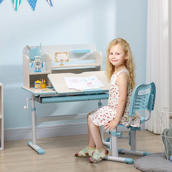 Set scrivania e sedia per bambini da 3 anni regolabile, tavolo inclinabile a 60° con cassetto e ripiani, blu - 