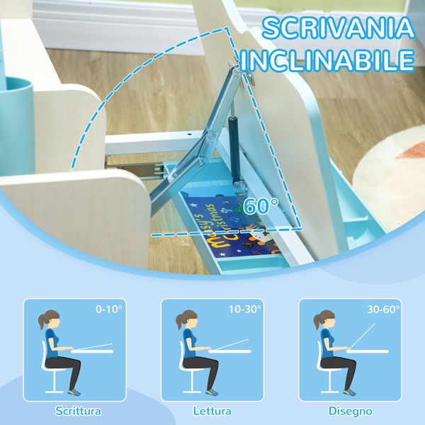 Set scrivania e sedia per bambini da 3 anni regolabile, tavolo inclinabile a 60° con cassetto e ripiani, blu - 