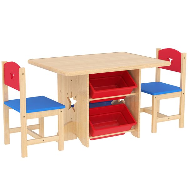 Set tavolo e sedie per bambini 3-7 anni con 2 sedie e tavolo con 4 contenitori, in legno e pp, color legno - 