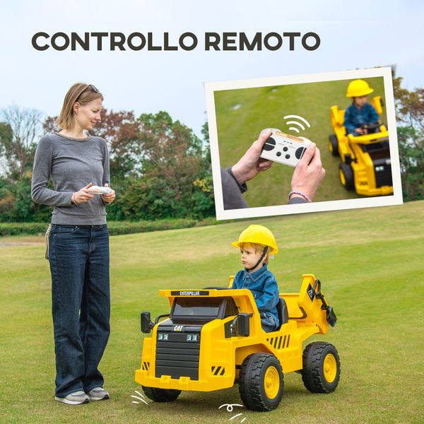 Camion giocattolo licenza caterpillar con telecomando, fari, secchio e pala, 110x70.5x61.5 cm, giallo - 
