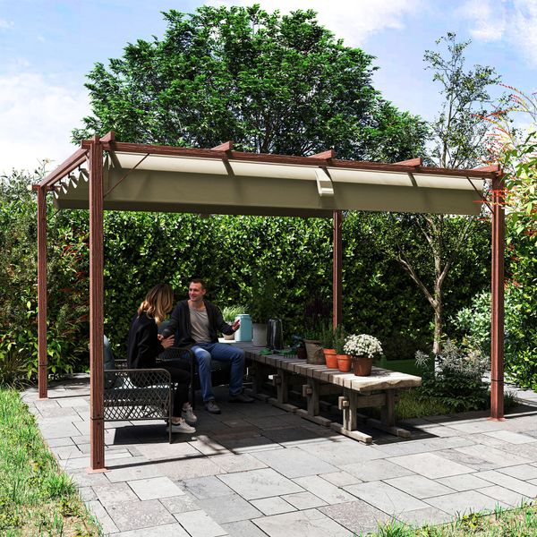 Gazebo pergola con tetto retrattile, picchetti e viti, in poliestere e alluminio, 382x300x232 cm, color legno - 