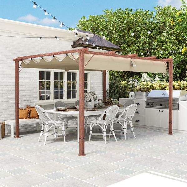 Gazebo pergola con tetto retrattile, picchetti e viti, in poliestere e alluminio, 382x300x232 cm, color legno - 