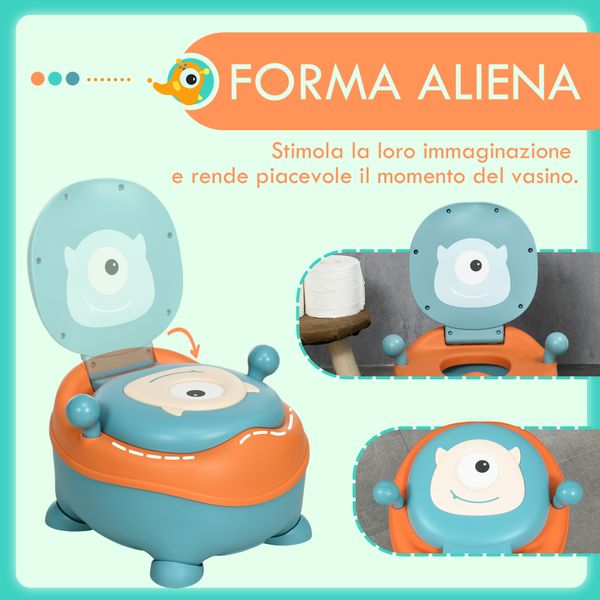 Vasino per bambini da 6 mesi a forma di alieno, seduta ergonomica, schienale e vaschetta rimovibile, blu - 