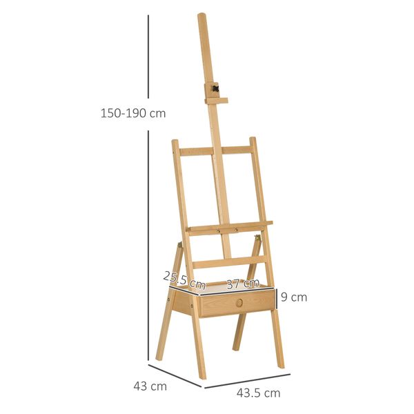 Cavalletto da pittore ad altezza regolabile con cassetto, in legno di faggio, 43.5x43x150-190 cm - 