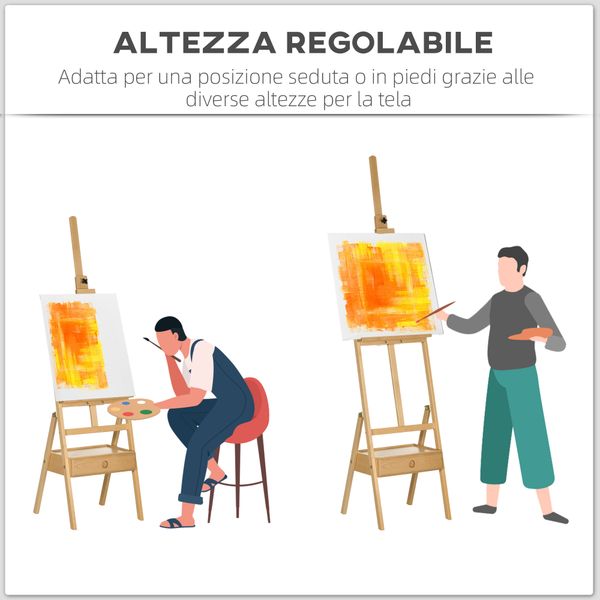 Cavalletto da pittore ad altezza regolabile con cassetto, in legno di faggio, 43.5x43x150-190 cm - 