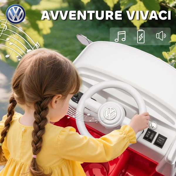 Auto elettrica per bambini licenza volkswagen t1 con lettore mp3, in metallo e pp, 89x49x41.5 cm, rosso - 