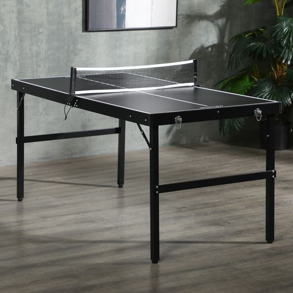 Tavolo ping pong pieghevole con maniglia da trasporto, in alluminio e legno, 152x76x72 cm, nero - 