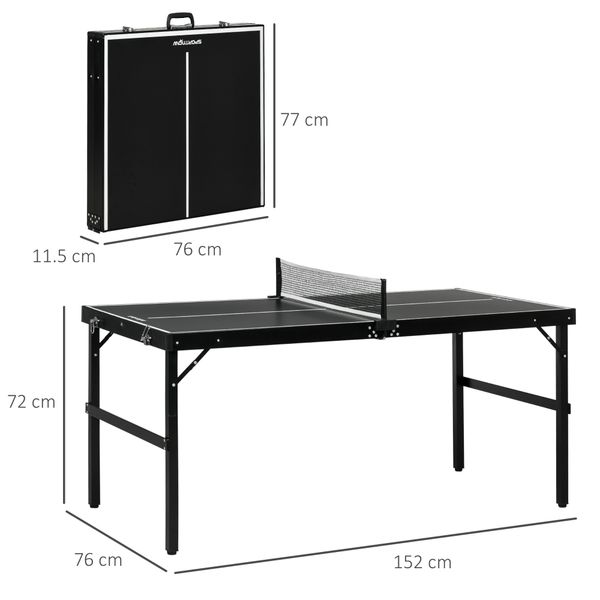 Tavolo ping pong pieghevole con maniglia da trasporto, in alluminio e legno, 152x76x72 cm, nero - 