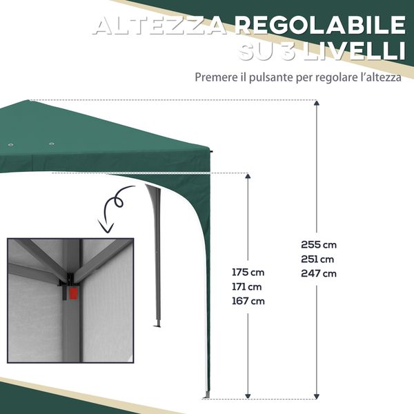 Gazebo da giardino ad altezza regolabile con fori di drenaggio e borsa da trasporto, in metallo, verde - 