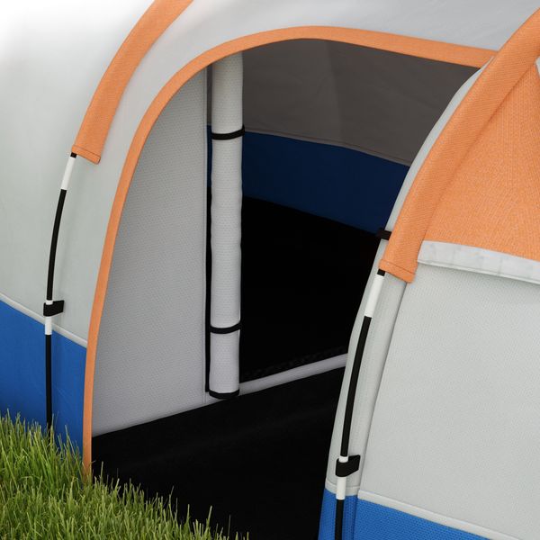 Tenda da campeggio impermeabile con 2 aree e 3 ingressi, poliestere e fibra di vetro, 420x200x150 cm, arancione - 