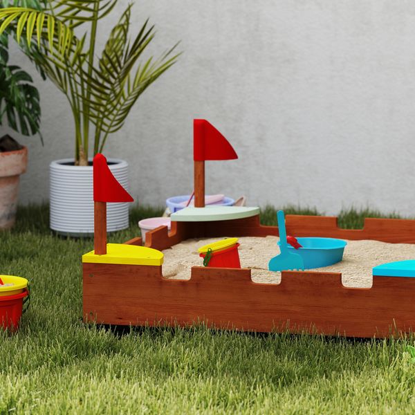 Sabbiera per bambini 3-7 anni a forma di castello con 4 sedute in legno di abete, 90x90x17 cm, multicolore - 