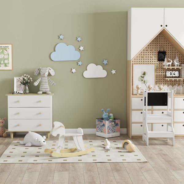 Scala montessori 2 in 1 in mdf staccabile, con sgabello, lavagna inclusi, per bambini 3-6 anni, bianco - 