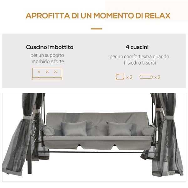 Dondolo da giardino 3 posti lettino e gazebo design 3 in 1 con tettuccio, 256x172x248 cm, grigio scuro - 