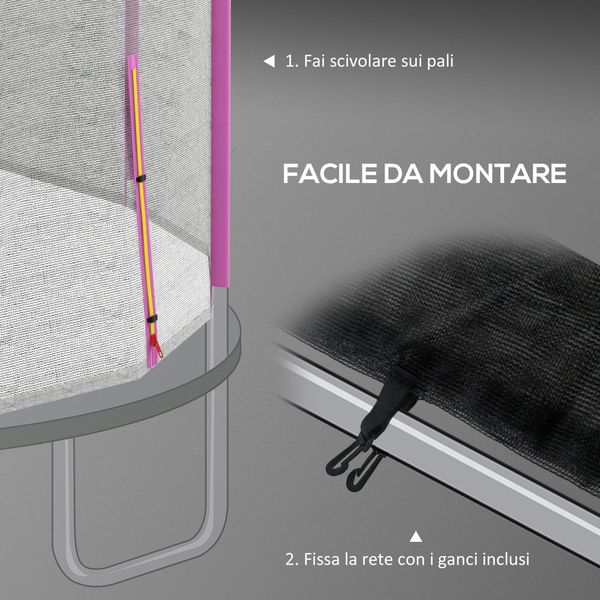 Rete di protezione per trampolini a 8 pali con ingresso con cerniera, in pe, ø366x180 cm, nero e rosa - 