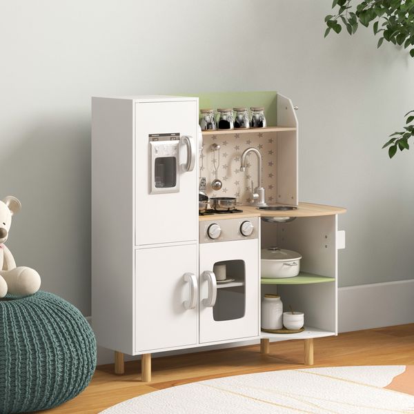 Cucina giocattolo per bambini 3-6 anni con macchina del ghiaccio e utensili, 84x34x89 cm, bianco e verde - 