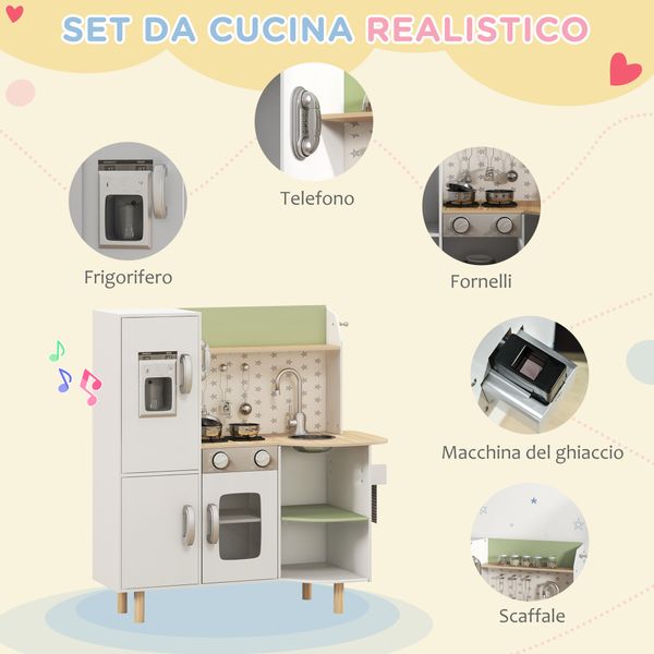 Cucina giocattolo per bambini 3-6 anni con macchina del ghiaccio e utensili, 84x34x89 cm, bianco e verde - 