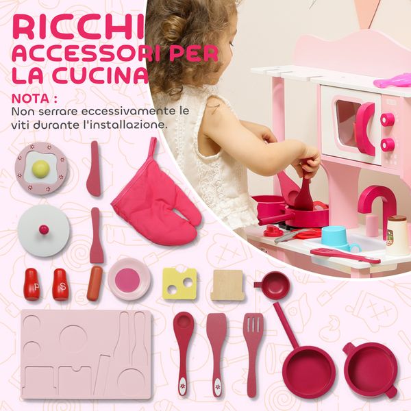 Cucina giocattolo per bambini 3+ anni con microonde, piano cottura e lavandino, in legno, 55x24x86 cm, rosa - 