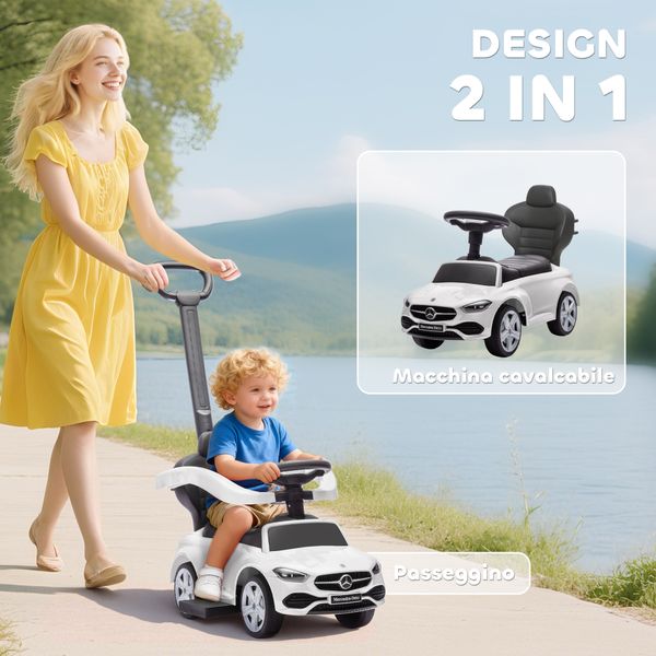 Macchina cavalcabile per bambini 1-3 anni convertibile in passeggino con licenza mercedes, 91x40x83 cm, bianco - 
