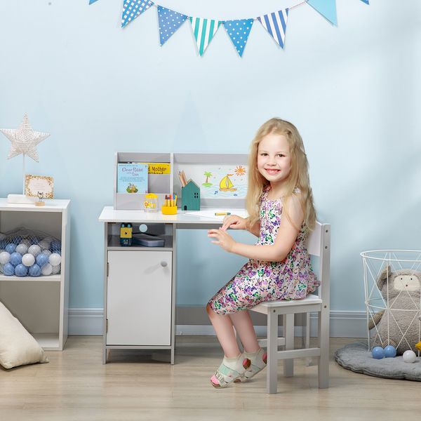 Set tavolo e sedie per bambini 5+ anni in legno con banco scuola e sedia bianco e grigio - 