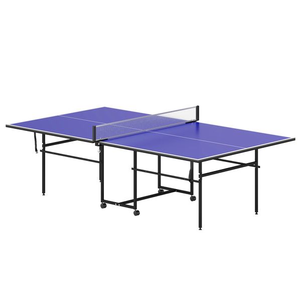 Tavolo da ping pong pieghevole per interni con ruote girevoli, rete, racchette e palline, blu - 