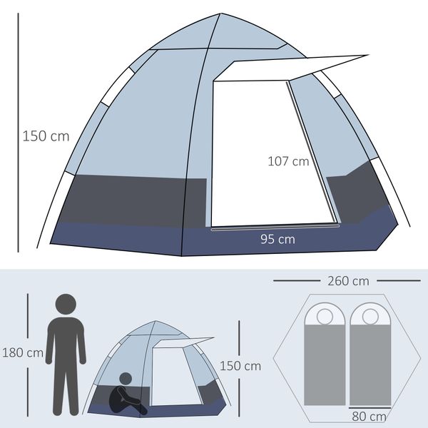 Tenda da campeggio 2 posti con apertura automatica e accessori, in acciaio e tessuto oxford, grigia e nera - 