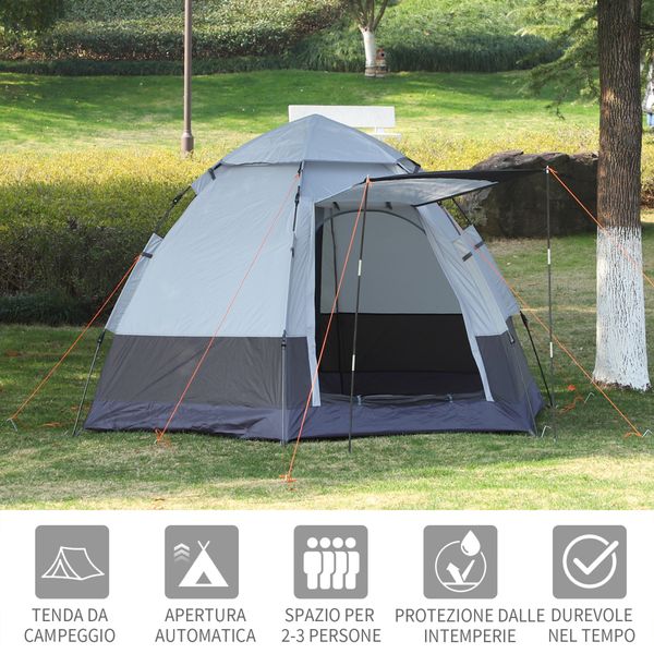 Tenda da campeggio 2 posti con apertura automatica e accessori, in acciaio e tessuto oxford, grigia e nera - 