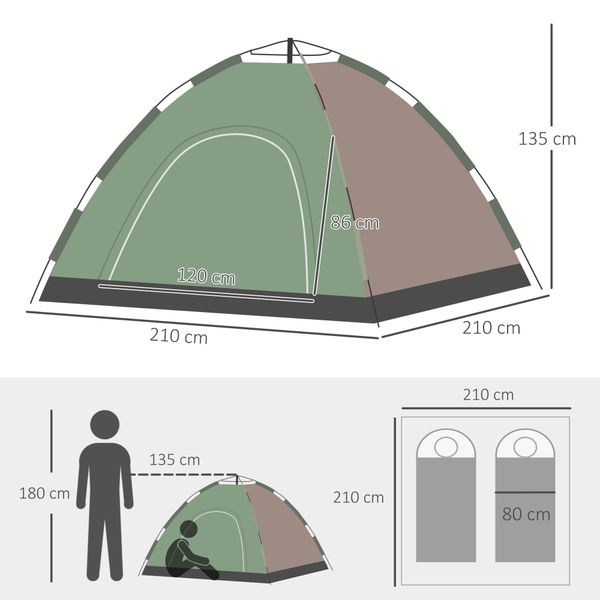 Tenda da campeggio 2 posti con borsa da trasporto, ganci per lampade e tasche portaoggetti, 210x210x135 cm - 