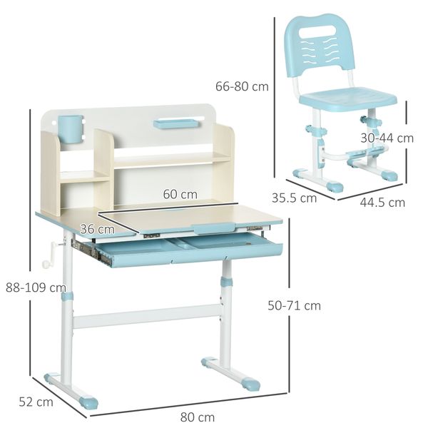 Set scrivania e sedia per bambini da 3 anni regolabile, tavolo inclinabile a 60° con cassetto e ripiani, blu - 