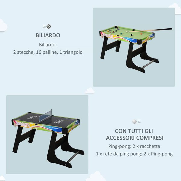 Tavolo da gioco 4 in 1 pieghevole per calcio-balilla, biliardo, air hockey e ping pong, in mdf e plastica - 
