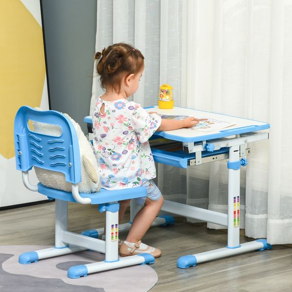 Banco scuola per bambini 6-12 anni con sedia regolabile, cassetto e piano inclinabile, 66x47x52-77 cm, blu - 