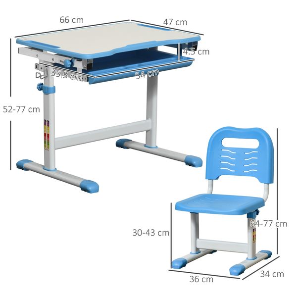 Banco scuola per bambini 6-12 anni con sedia regolabile, cassetto e piano inclinabile, 66x47x52-77 cm, blu - 