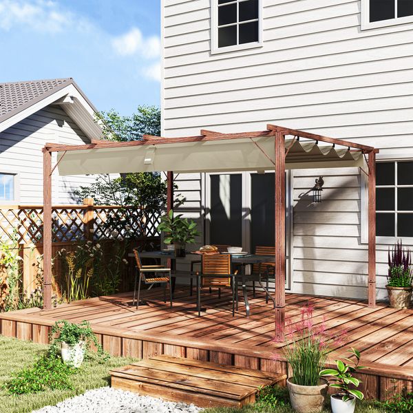 Gazebo pergola con tetto retrattile, picchetti e viti, in poliestere e alluminio, 382x300x232 cm, color legno - 