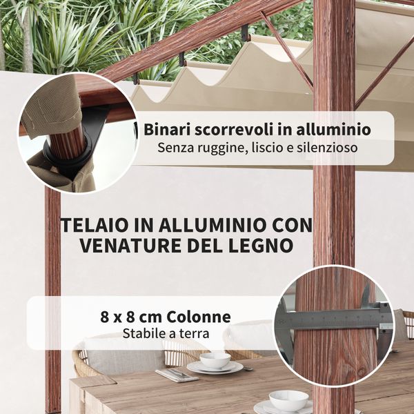Gazebo pergola con tetto retrattile, picchetti e viti, in poliestere e alluminio, 382x300x232 cm, color legno - 