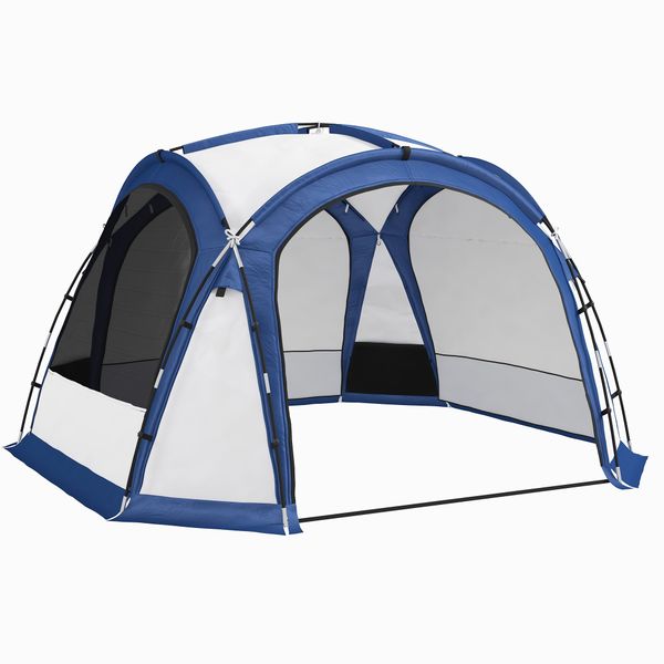 Tenda da campeggio 4-5 posti con 4 porte a cerniera, zanzariera e gancio, 350x350x230cm, bianca e blu - 
