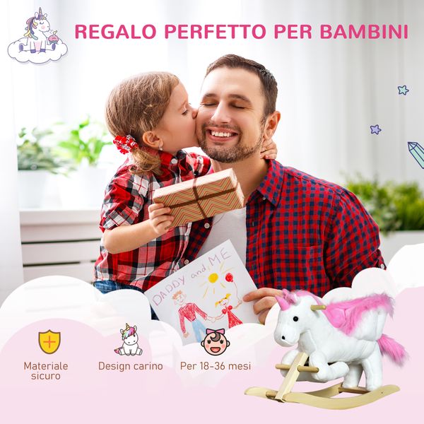 Cavallo a dondolo unicorno con musica in metallo e legno 65x32x55cm - 