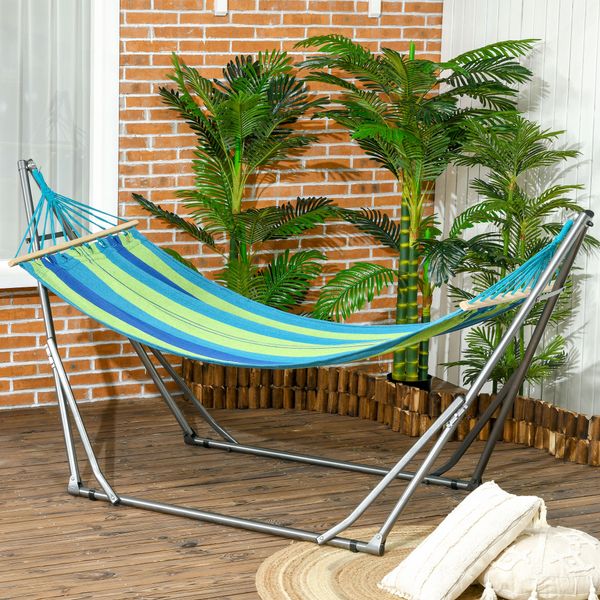 Supporto con amaca autoportante pieghevole in cotone e acciaio, 270x100x94cm - 