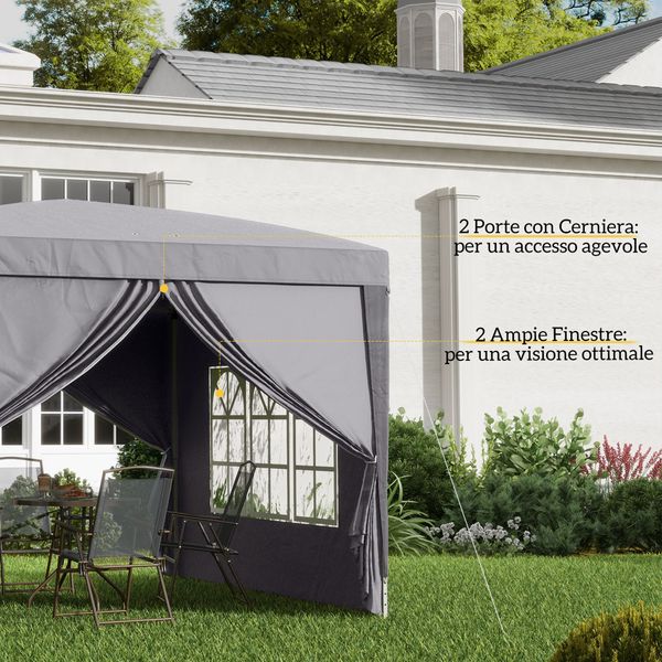 Gazebo da esterno 3x3 m pieghevole con 4 pannelli laterali, in acciaio e tessuto oxford grigio - 