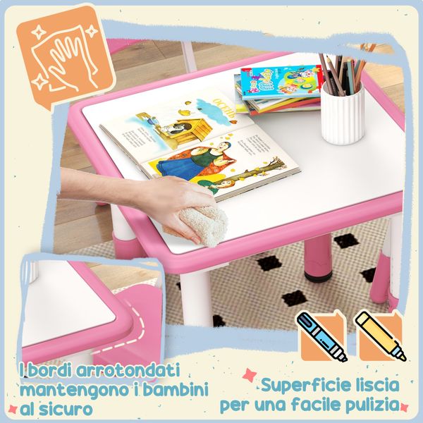 Set tavolo e sedie per bambini 5pz con 4 sedie regolabili 32x36x52.5-56 cm e tavolo 60x60x46-58 cm, rosa - 