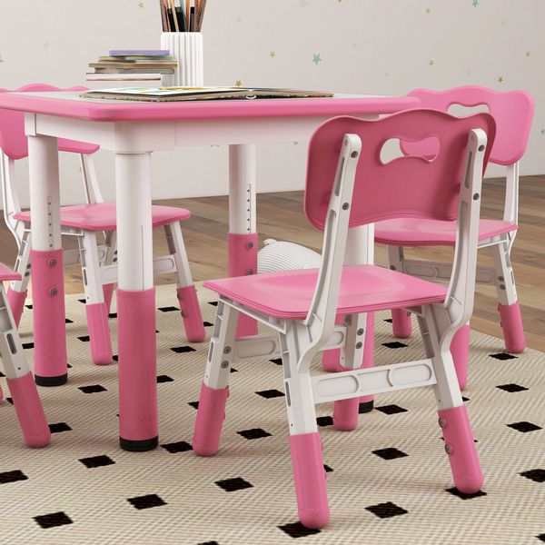 Set tavolo e sedie per bambini 5pz con 4 sedie regolabili 32x36x52.5-56 cm e tavolo 60x60x46-58 cm, rosa - 