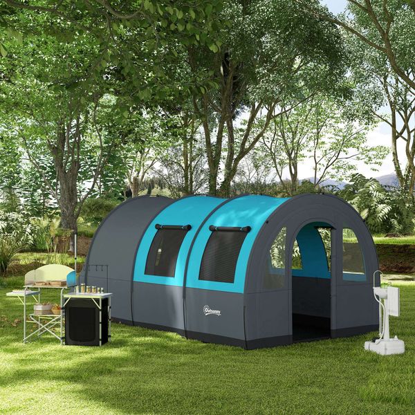 Tenda da campeggio 3 posti impermeabile con zona notte e giorno, in poliestere, 480x260x200 cm, grigio e blu - 