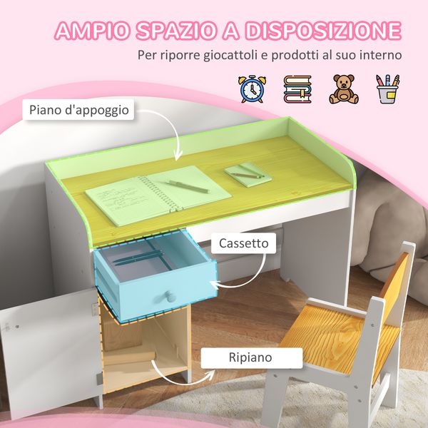 Banco scuola e sedia per bambini da 3-6 anni con cassetto e armadietto in legno bianco - 