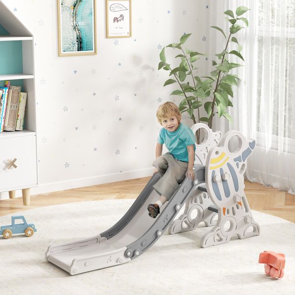 Scivolo per bambini 18-36 mesi in pe e pp a tema spaziale con scale antiscivolo, 157x46.5x80 cm, grigio e bianco - 