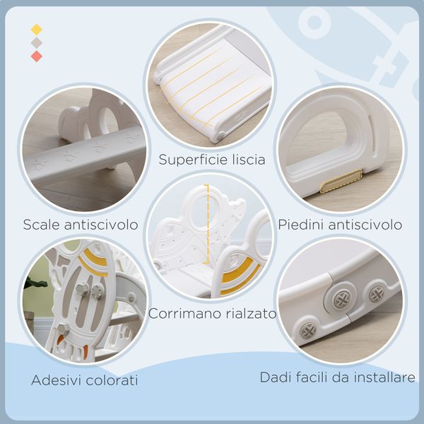 Scivolo per bambini 18-36 mesi in pe e pp a tema spaziale con scale antiscivolo, 157x46.5x80 cm, grigio e bianco - 