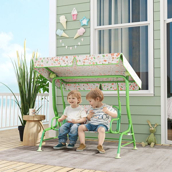 Dondolo per bambini da esterno a 2 posti con tettuccio regolabile e cinture di sicurezza, 112x75x120 cm, verde - 