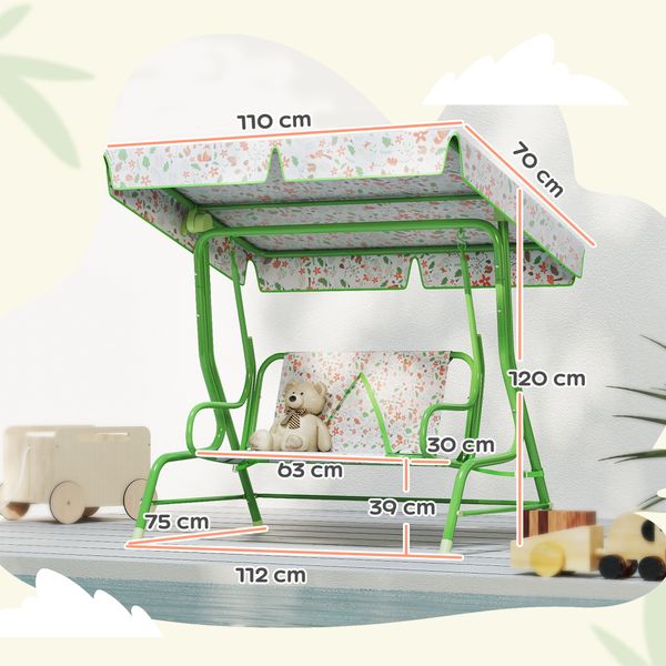 Dondolo per bambini da esterno a 2 posti con tettuccio regolabile e cinture di sicurezza, 112x75x120 cm, verde - 