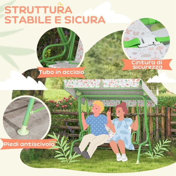 Dondolo per bambini da esterno a 2 posti con tettuccio regolabile e cinture di sicurezza, 112x75x120 cm, verde - 